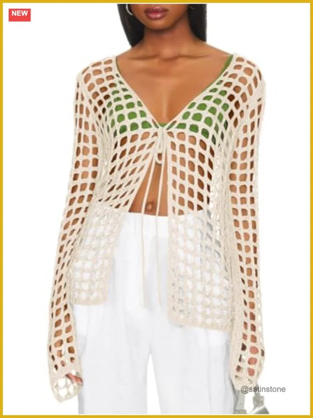 Long Sleeve Crochet Knit Cardigan Swimsuit Coverup Tie Front Beach Outerwear